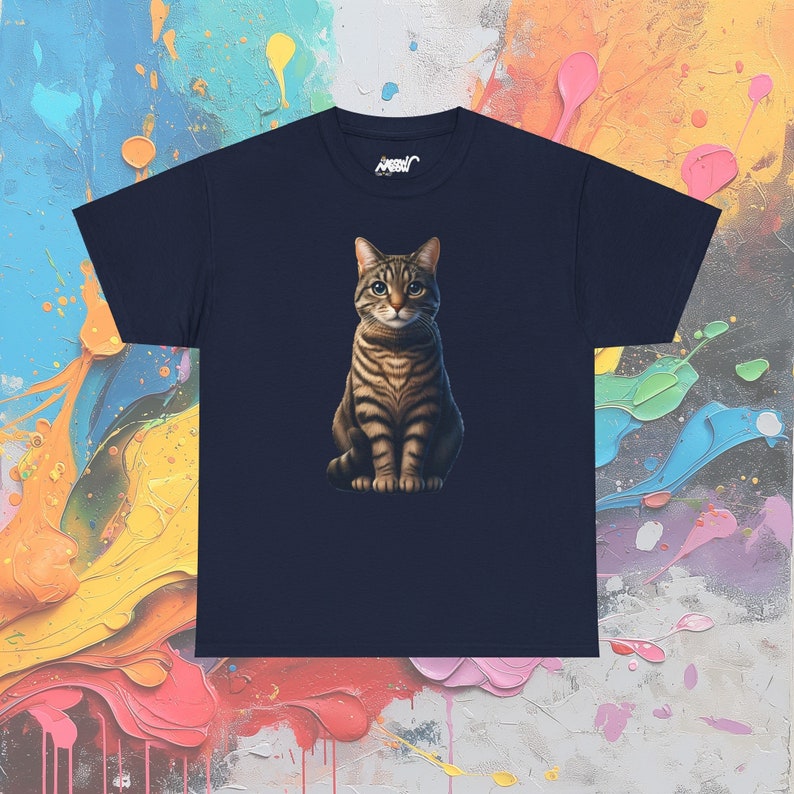 Double Sided Tabby Cat T-Shirt, Front & Back Feline Design, Unique Unisex Cat Lover Tee Navy