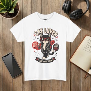 Punk Cat Graphic Tee, Edgy Cat Lover Shirt, Live Love Meow, Unisex Pet Top image 4