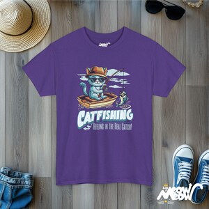 Catfishing Unisex Tee: Funny Cat & Fishing Graphic T-Shirt Lilac