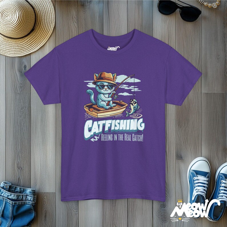 Catfishing Unisex Tee: Funny Cat & Fishing Graphic T-Shirt Lilac