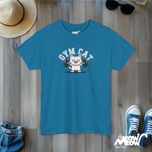 Gym Cat T-Shirt: Workout Feline Tee for Fitness & Cat Lovers Antique Sapphire