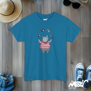 Rhino Juggling Cats T-Shirt | Funny Animal Graphic Tee Antique Sapphire