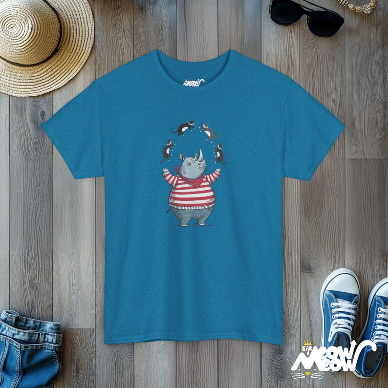 Rhino Juggling Cats T-Shirt | Funny Animal Graphic Tee Antique Sapphire