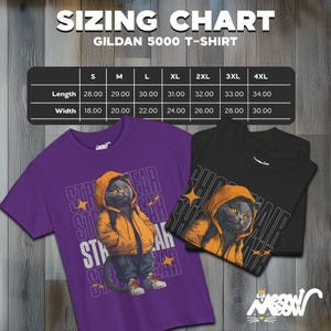 Gildan 5000 T-Shirt Sizing Chart for the following design: Humanized British Shorthair Cat standing up wearing a yellow hoodie and white and gray sneakers. Behind the cat is a stack of the word "Shorthair".