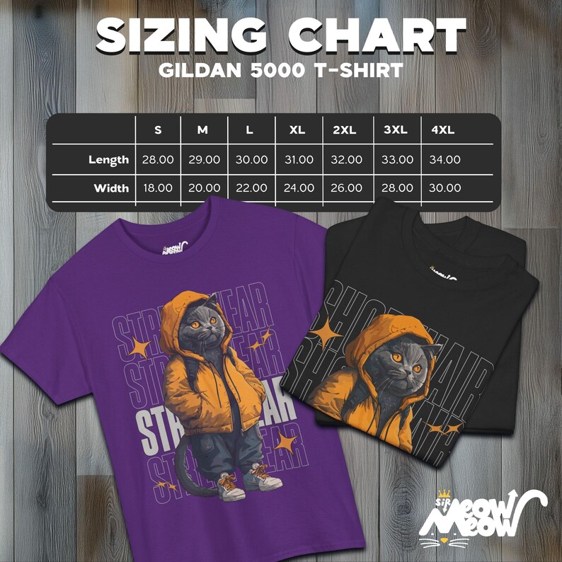 Gildan 5000 T-Shirt Sizing Chart for the following design: Humanized British Shorthair Cat standing up wearing a yellow hoodie and white and gray sneakers. Behind the cat is a stack of the word "Shorthair".