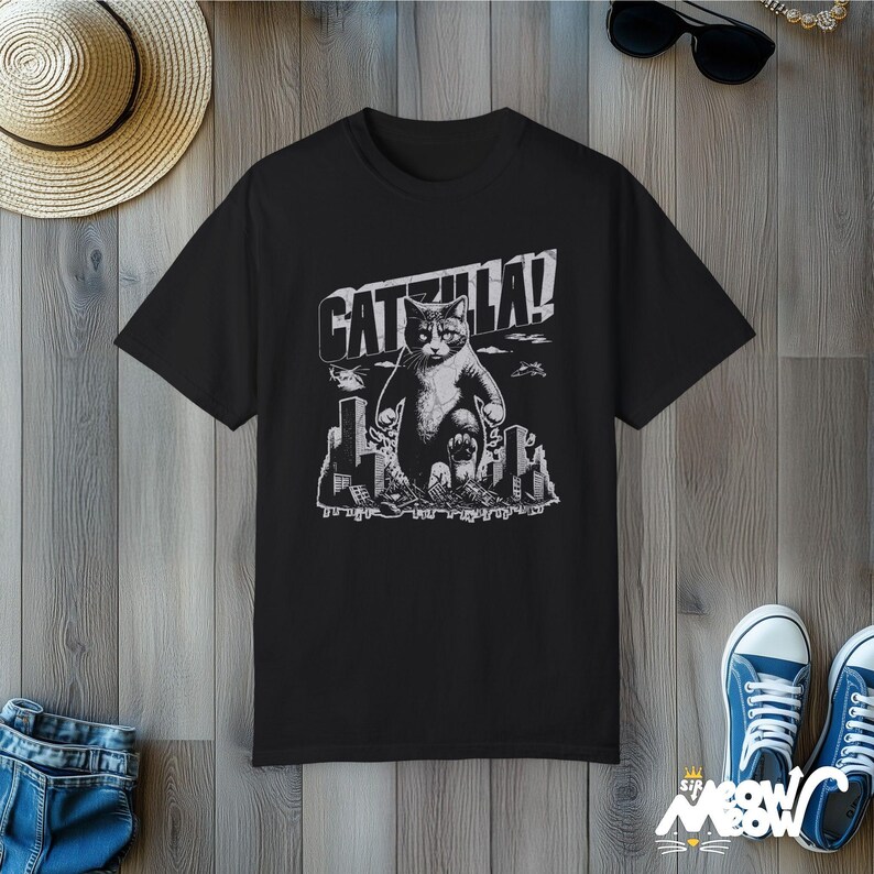 Funny Catzilla Cat T-Shirt: Comfort Colors Unisex Tee Black