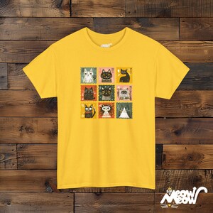 Retro Stamp Cat Grid T-Shirt: Kawaii Nine Cats Graphic Daisy