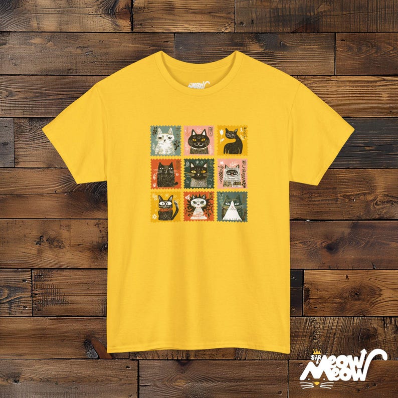 Retro Stamp Cat Grid T-Shirt: Kawaii Nine Cats Graphic Daisy