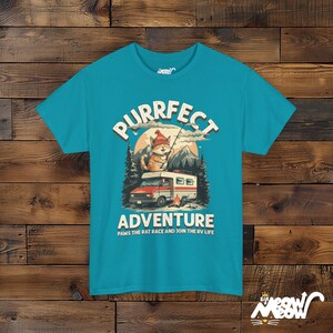 RV Cat T-Shirt: Purrfect Adventure Graphic Tee for Camping Lovers Tropical Blue