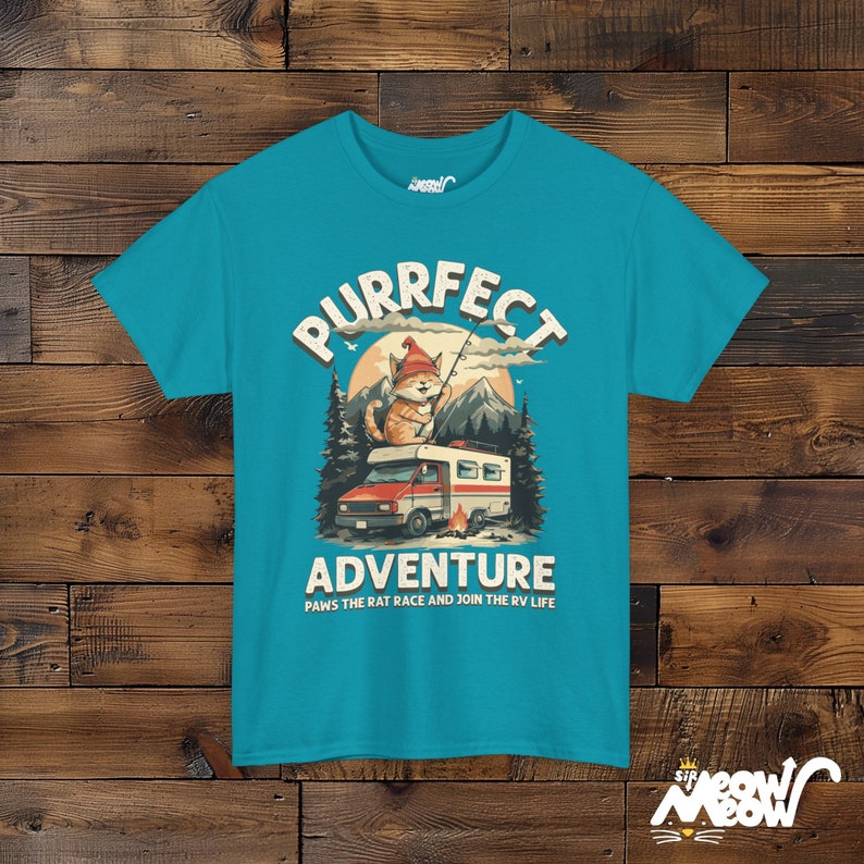 RV Cat T-Shirt: Purrfect Adventure Graphic Tee for Camping Lovers Tropical Blue