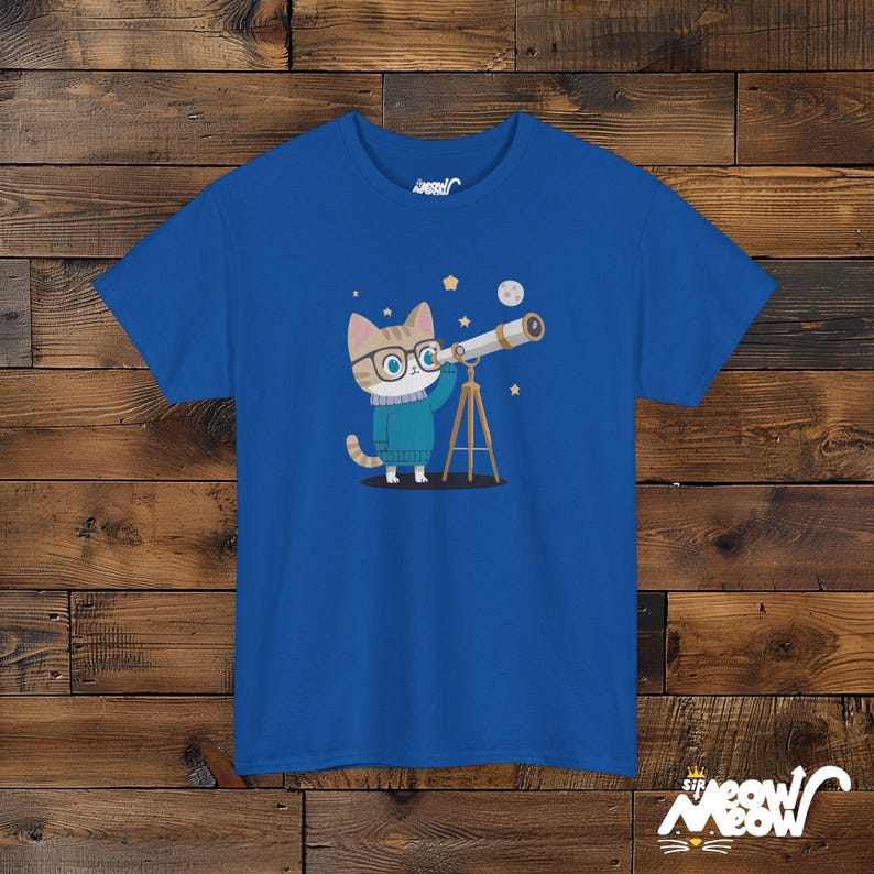 Cat Astronomer T-Shirt – Stargazing Kitty, Science Lover Gift Royal