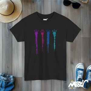 Colorful Paw Prints T-Shirt: Dripping Paint Splatter Cat Lover Tee Black