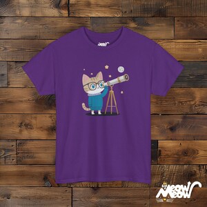 Cat Astronomer T-Shirt – Stargazing Kitty, Science Lover Gift Purple