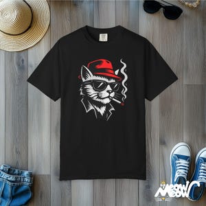 Cool Cat Fedora T-Shirt, Smoking Cat Lover Gift, Comfort Colors Unisex Tee Black