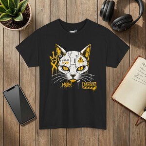 ロボット猫Tシャツ、サイバーパンクグラフィティメカグラフィックTシャツ、ストリートウェア猫好きシャツ 画像 3