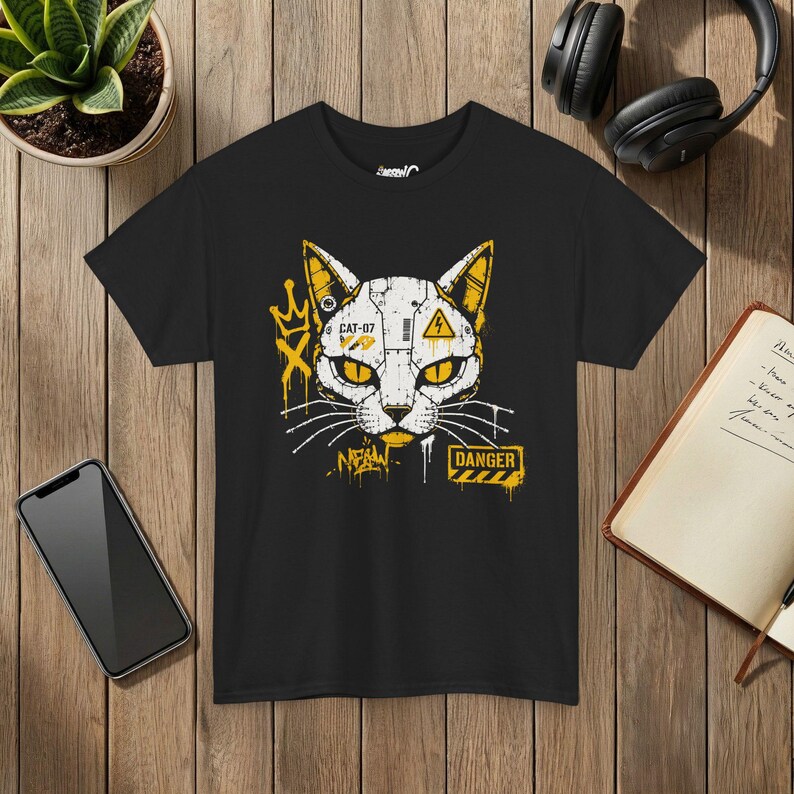 ロボット猫Tシャツ、サイバーパンクグラフィティメカグラフィックTシャツ、ストリートウェア猫好きシャツ 画像 3