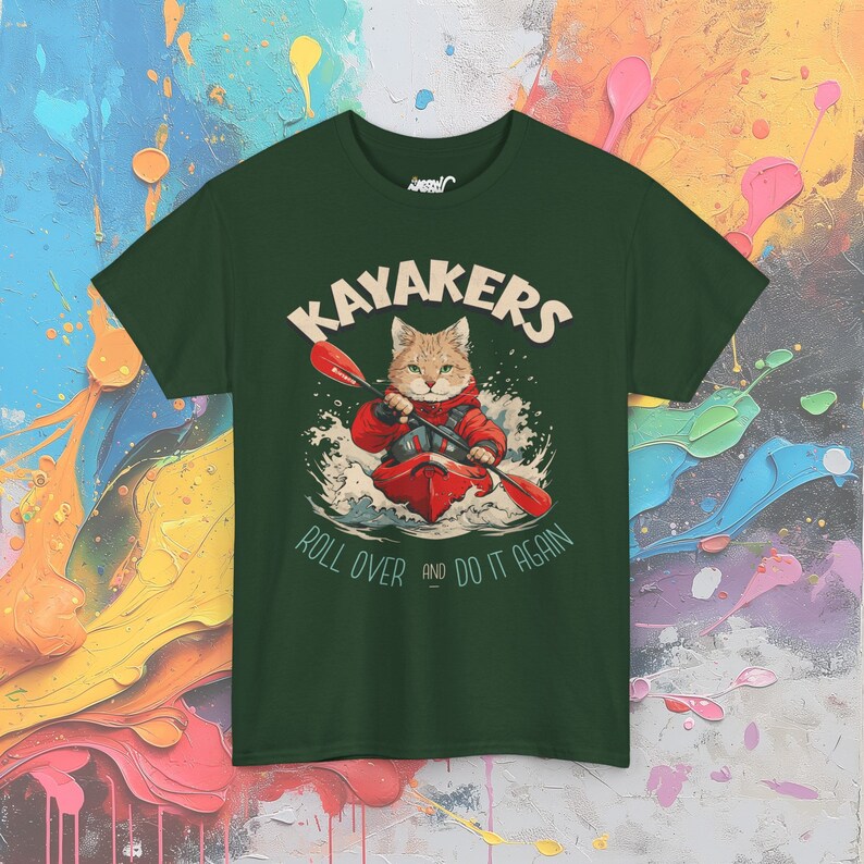 Kayaking Cat T-Shirt: Adventurous Feline Paddler Gift Forest Green
