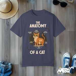 おもしろ猫の解剖学と快適な色彩のTシャツ：猫好きへのギフト Denim
