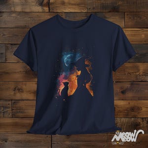 Mystical Witch and Cat T-Shirt - Halloween Witchy Vibes Tee - Cosmic Cat Lover Gift Navy