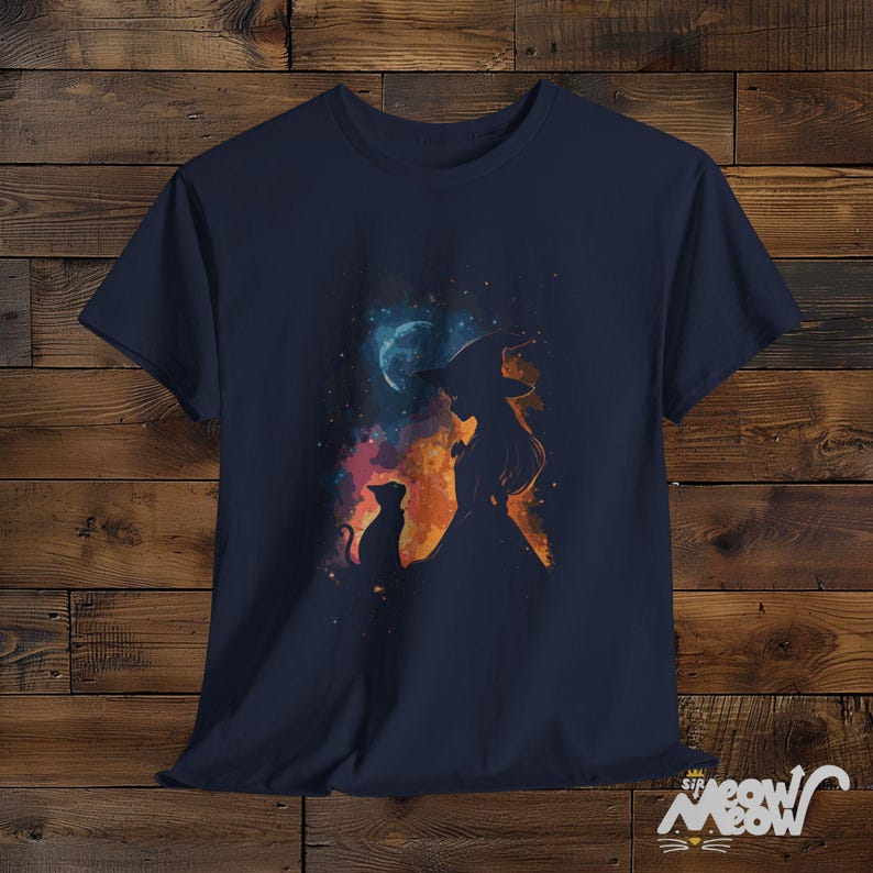 Mystical Witch and Cat T-Shirt - Halloween Witchy Vibes Tee - Cosmic Cat Lover Gift Navy