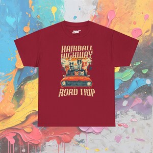 Hairball Highway Road Trip T-shirt: Cat Lover Adventure-T-shirt Cardinal Red