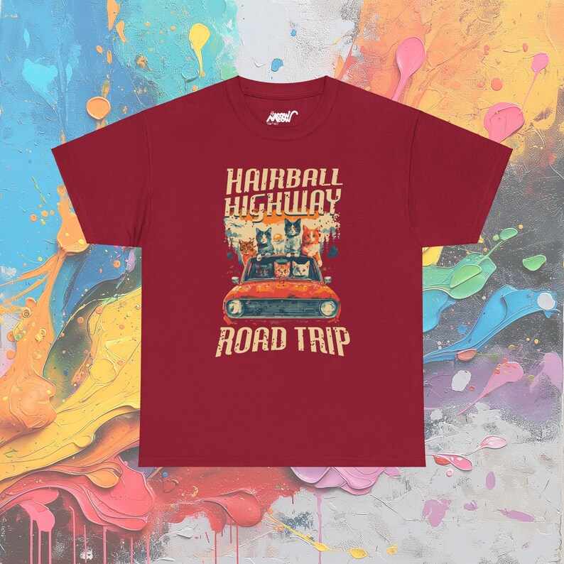Hairball Highway Road Trip T-shirt: Cat Lover Adventure-T-shirt Cardinal Red