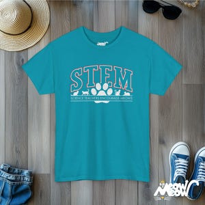 STEM Cat T-Shirt: Science Teachers Encourage Meows Tropical Blue