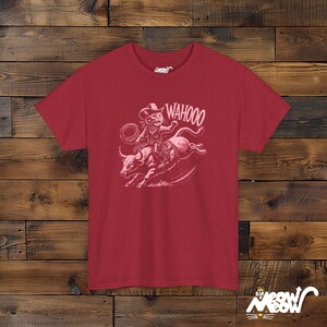 Cowboy Cat T-Shirt: Funny Rodeo Graphic Tee, Western Gift Antique Cherry Red