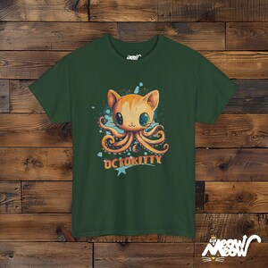 OctoKitty T-Shirt, Cute Octopus Cat Hybrid Design, Fun Ocean-Themed Cat Lover Tee, Quirky Animal Mashup Gift Forest Green