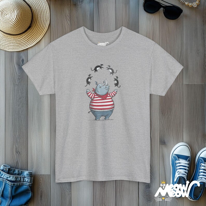 Rhino Juggling Cats T-Shirt | Funny Animal Graphic Tee Sport Grey