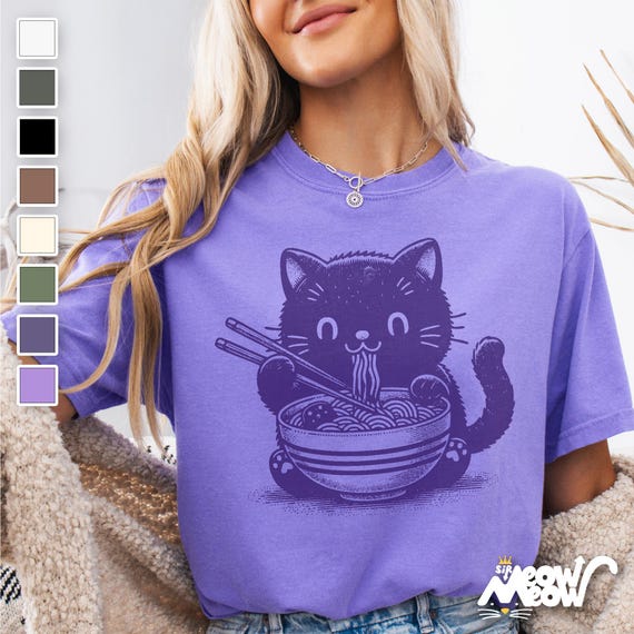 Kawaii Cat Eating Ramen T-Shirt: Comfort Colors Tee, Gift for Cat Lovers