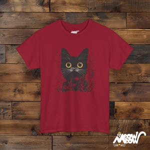 Mystical Black Cat T-Shirt - Enchanting Wildflower Cat Tee - Witchy Nature Lover Gift Cardinal Red