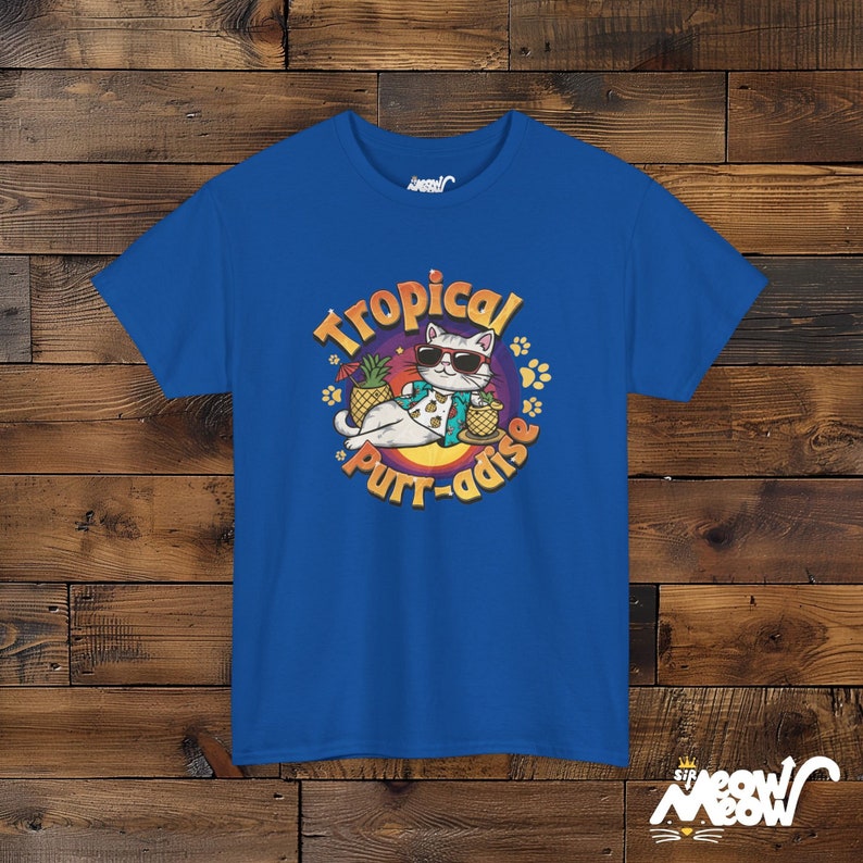 Tropical Cat T-Shirt: Funny Beach Purr-adise Tee Royal