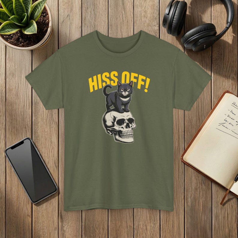 Hiss Off! Funny Cat Skull Graphic Unisex T-Shirt Military Green