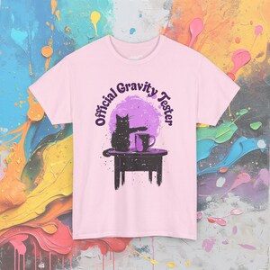 Funny Cat Gravity Tester T-Shirt: Science Humor Gift Light Pink