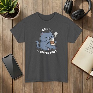 Coffee First Cat T-Shirt: Cartoon Illustration, Coffee Lover Gift Dark Heather
