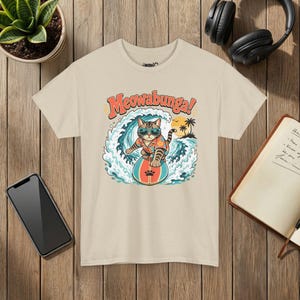 Camiseta Meowabunga Surfing Cat, regalo retro para amantes de los gatos playeros (estampado frontal) imagen 6