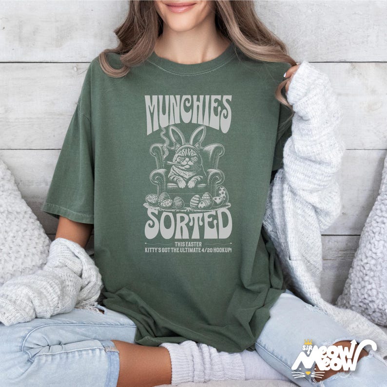 Funny Easter Cat T-Shirt, 420 Munchies, Unisex Graphic Tee Moss