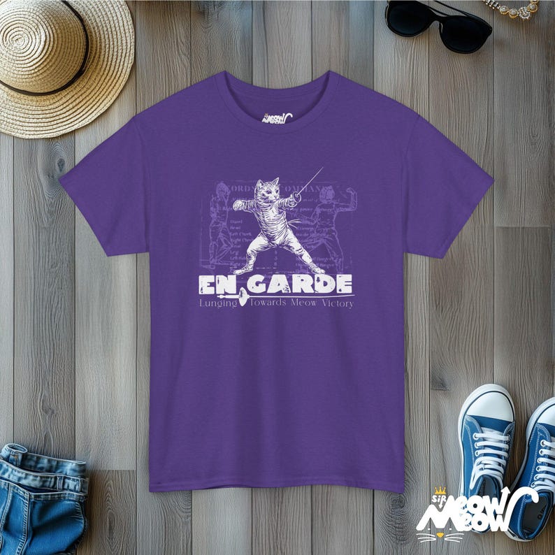 Fencing Cat Unisex Tee, Fencer Gift, Cat Lover Shirt, Sword Fighting En Garde T-Shirt Lilac