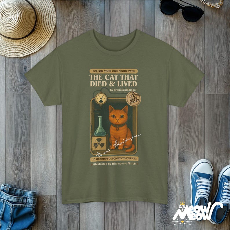 Schrödinger Cat T-Shirt: Retro Quantum Physics, Nerdy Science Gift Military Green