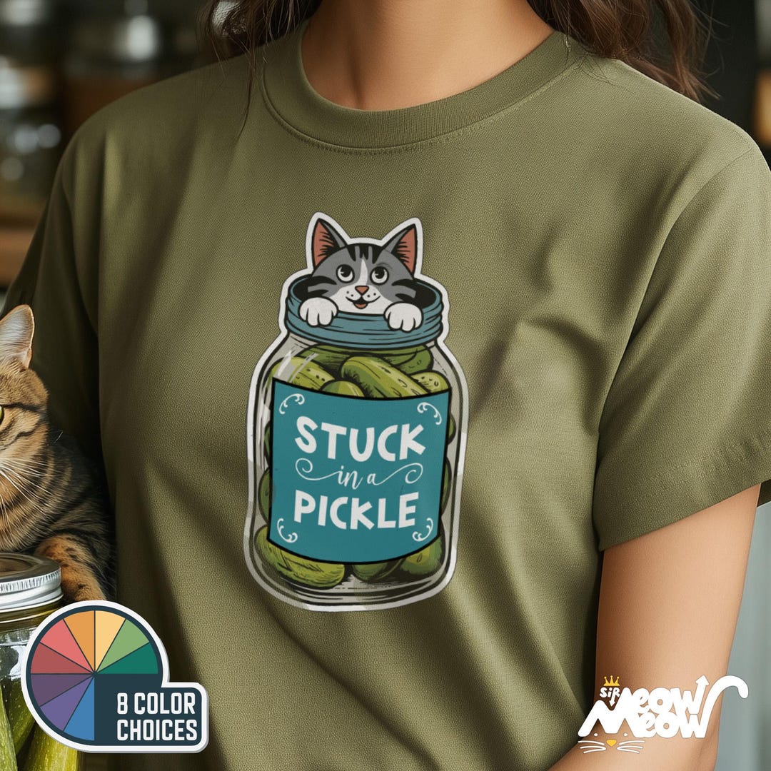 Stuck in a Pickle Funny Cat T-shirt - Cute Cat in Pickle Jar Design
