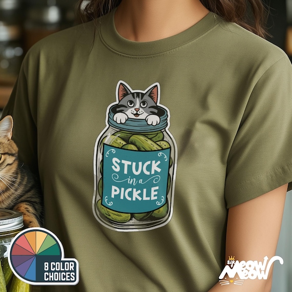 Funny Cat T-Shirt: Stuck in a Pickle Pun Design