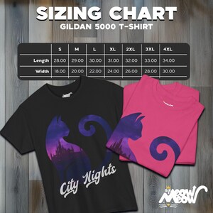Pode incluir: Tabela de tamanhos para camisetas Gildan 5000. A tabela mostra as medidas de comprimento e largura em polegadas para os tamanhos S a 4XL.