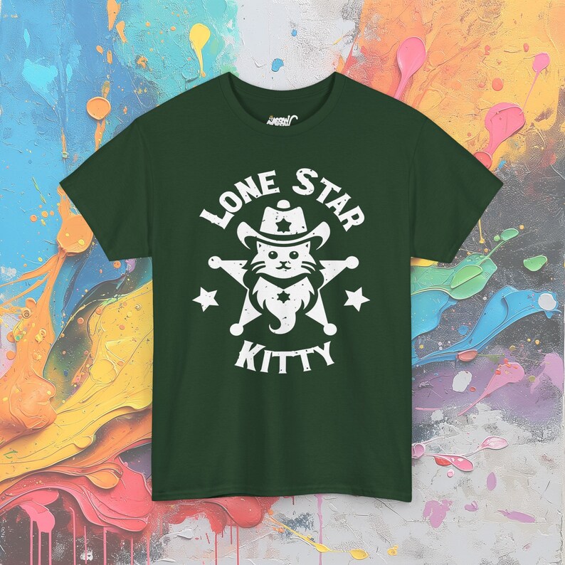 Kat T-shirt met Texas-thema, leuk katachtig grafisch T-shirt, casual westerse kleding, uniek cadeau voor huisdierenliefhebbers Forest Green