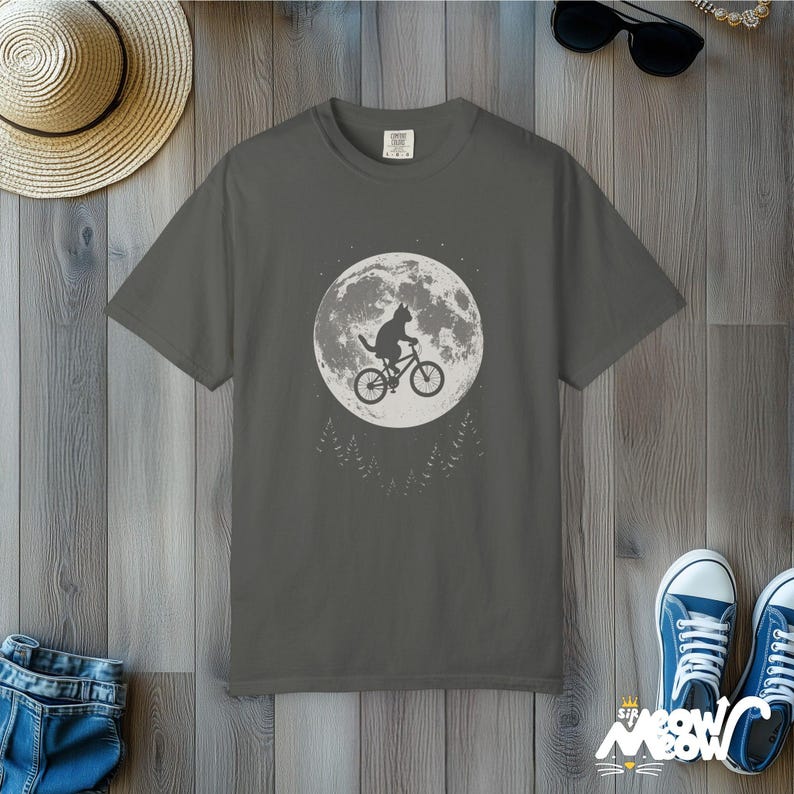 Comfort Colors Cat Moon T-Shirt: Flying Cat on Bike Graphic Tee Pepper