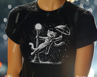 Rain-Singing Cat T-Shirt, Vintage-Inspired Funny Cat Umbrella Tee, Ideal Gift for Musical & Cat Lovers