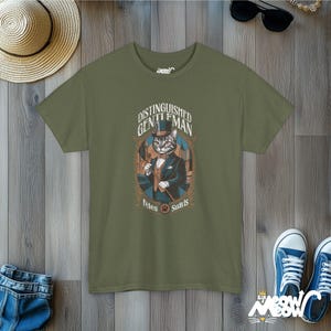 Aristocratic Cat T-Shirt: Retro Gentleman Feline Design Military Green