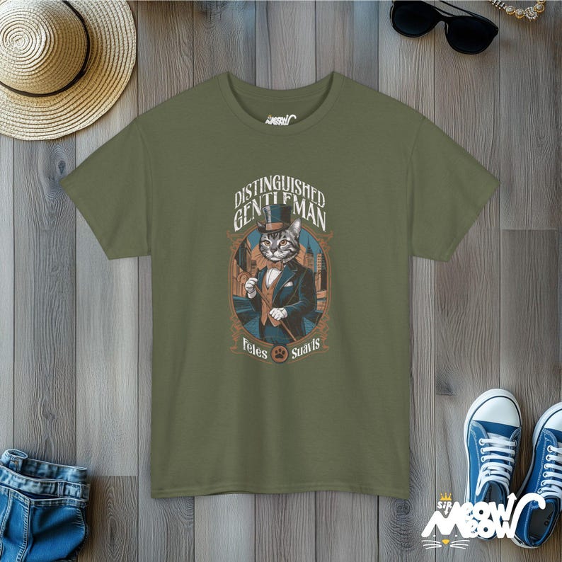 Aristocratic Cat T-Shirt: Retro Gentleman Feline Design Military Green