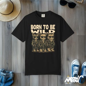 Camiseta retro de gatos moteros: camiseta gráfica "Born to Be Wild" Black