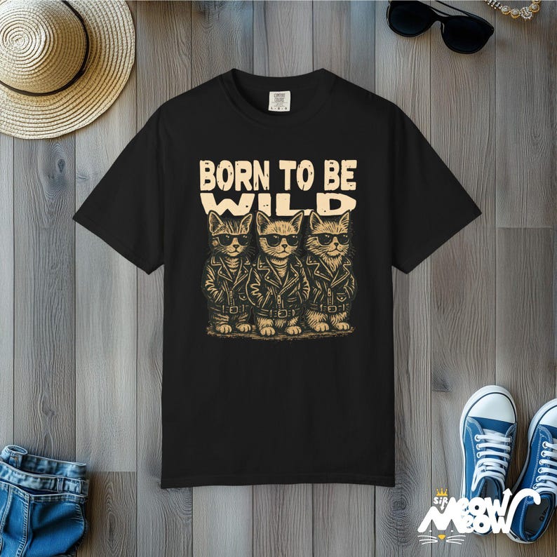 Camiseta retro de gatos moteros: camiseta gráfica "Born to Be Wild" Black